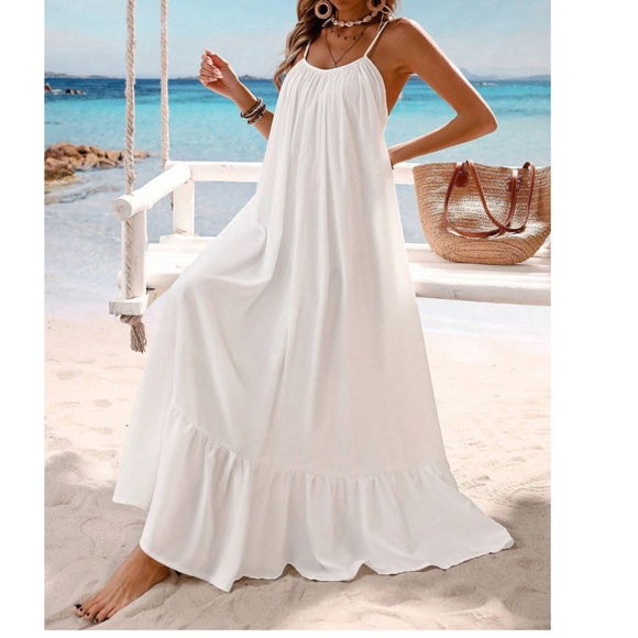 COPY - Boho White Shoulder Tie Ruffle Hem Flowy Maxi Dress - Picture 4 of 6